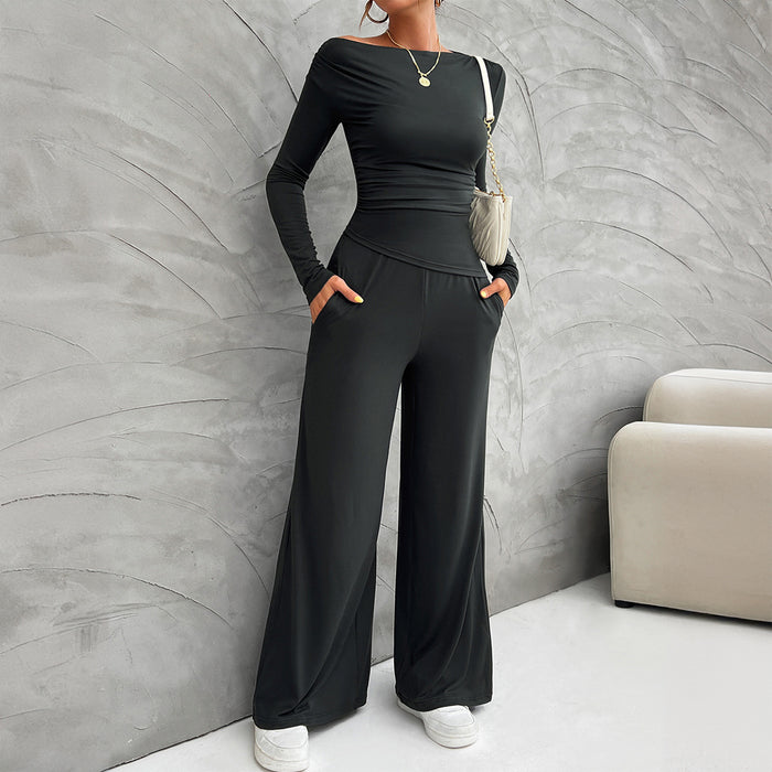 Autumn Winter Women Clothing Slim Long Sleeve Top Wide Leg Trousers Set