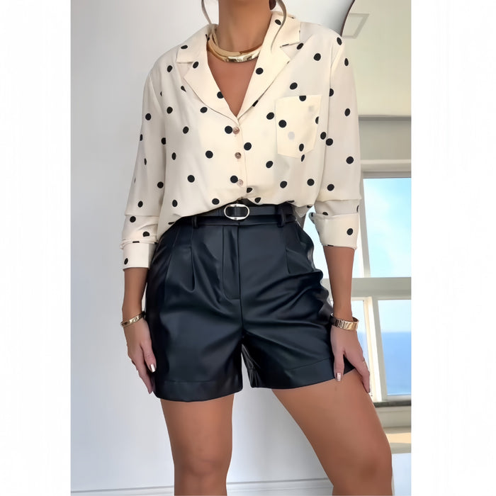 Women Clothing Summer Loose Polka Dot Long Sleeve Shirt Casual Leather Clothing Shorts Two Piece Set