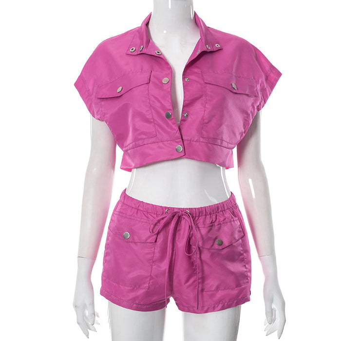 Women Clothing Summer Pocket Top Shorts Set for Women