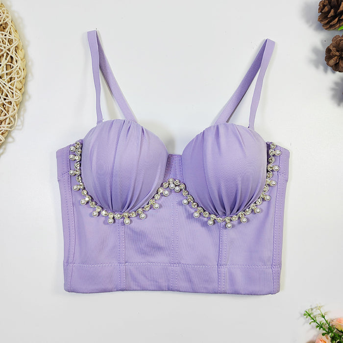 Fashionable All Match Pearl Drill Chain Boning Corset Bra Outer Wear With Steel Ring Comfortable Back Shaping Pleated Carnival Tube Top