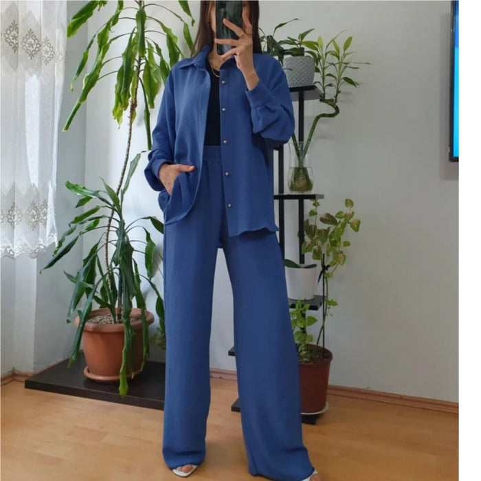 Women Clothing Solid Color Loose Top Casual Wide Leg Pants Women Two Piece Suit