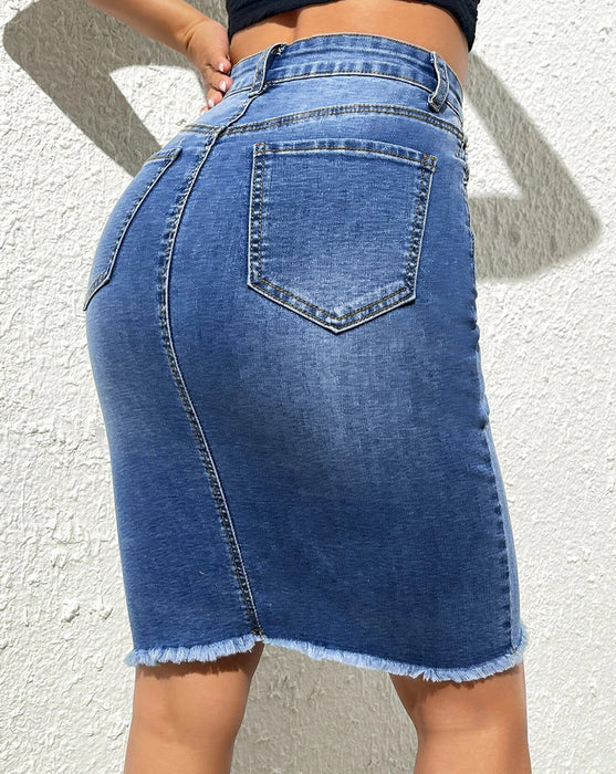 Sheath Skirt Raw Edge Denim Skirt Washed Edging Slim Skirt