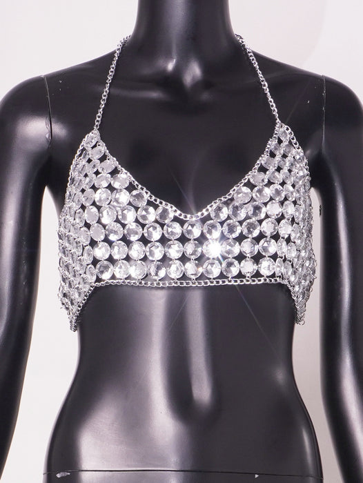 Vest Sexy Acrylic Paillette Crystal Embellished Stitching Metal Chain Hollowed out Body Cha