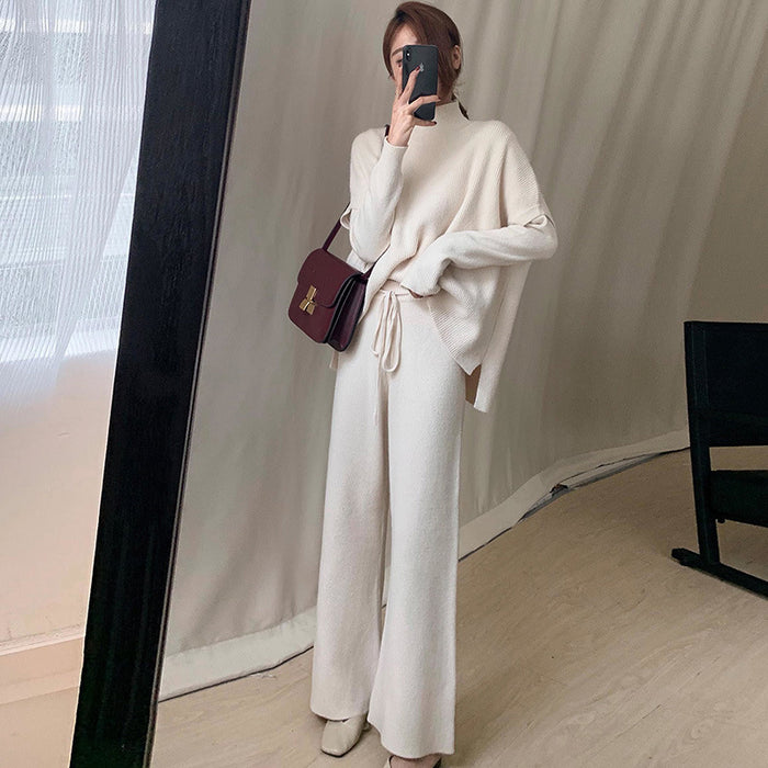 Spring Lazy Wind Casual Loose Waist Turtleneck Sweater Wide Leg Pants Knitting Suit Women Three Piece Suit