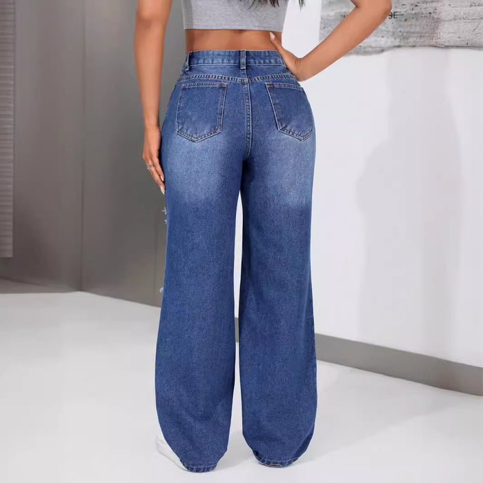 Women Clothing High Waist Ripped Denim Trousers