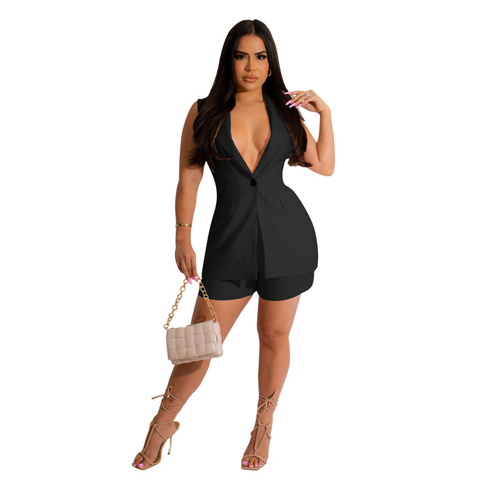 Women Clothing Suit Two-Piece Suit Small Blazer Sleeveless Shorts Summer