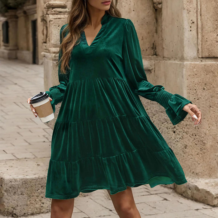 Women Clothing Long Sleeve Solid Color Velvet Autumn Winter Dress