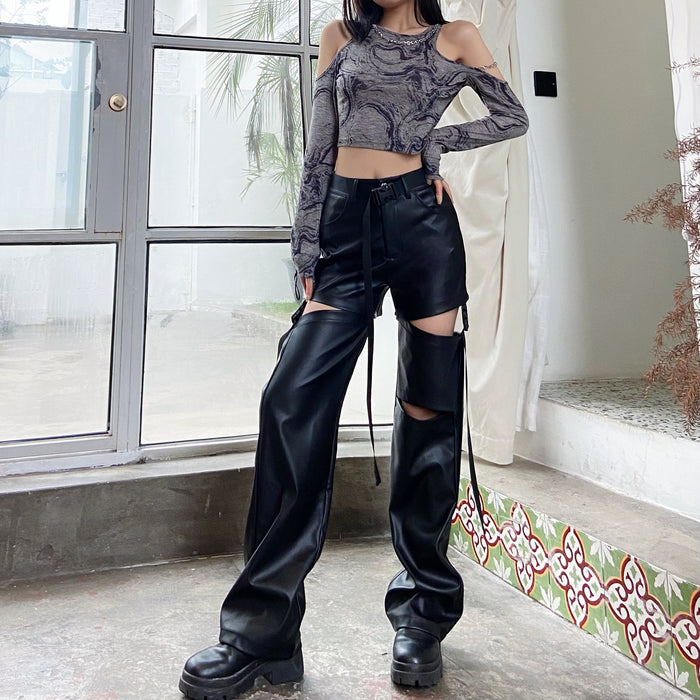 Women High Waist Straight Mopping Pants Detachable Ripped Trousers Loose Leather Pants