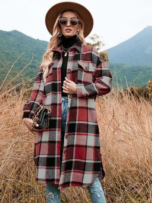 Autumn Winter Women Plaid Trench Coat