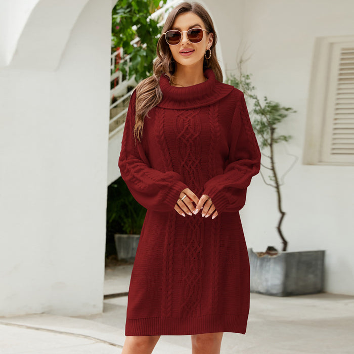 Fall Winter Sweater Dress All-Matching Loose Knitted Dress Solid Color Twisted Long Turtleneck Sweater