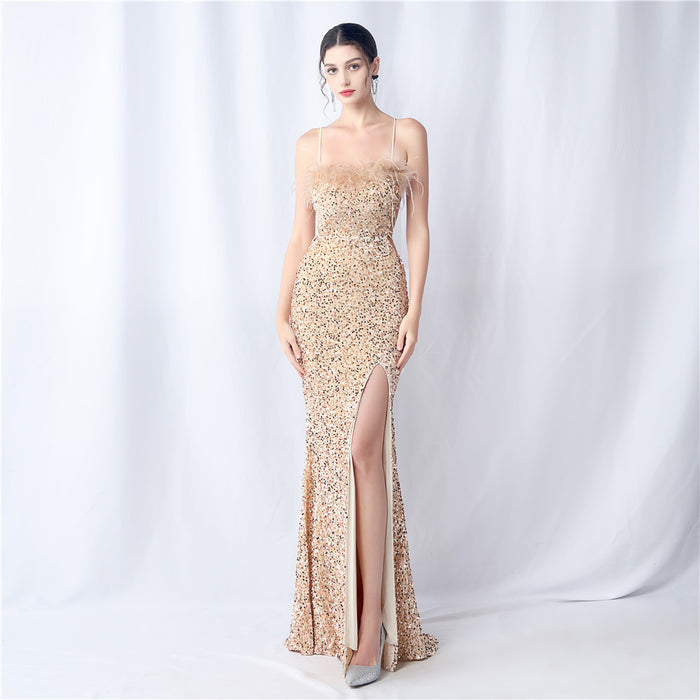 Craft Order Ostrich Feather Dinner Annual Meeting Wedding Velvet Bottom Handmade Sequin Evening Dress