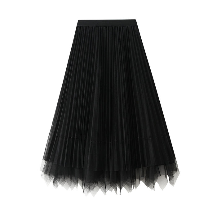 Women Two Sided Skirt Spring Mid Length High Waist Pleated Skirt Irregular Asymmetric Big Skirt