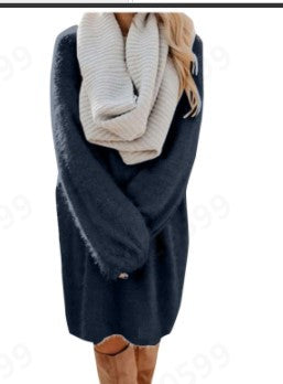 Autumn Winter Women Clothes Mid Length Long Sleeve Round Neck Loose Plush Dress