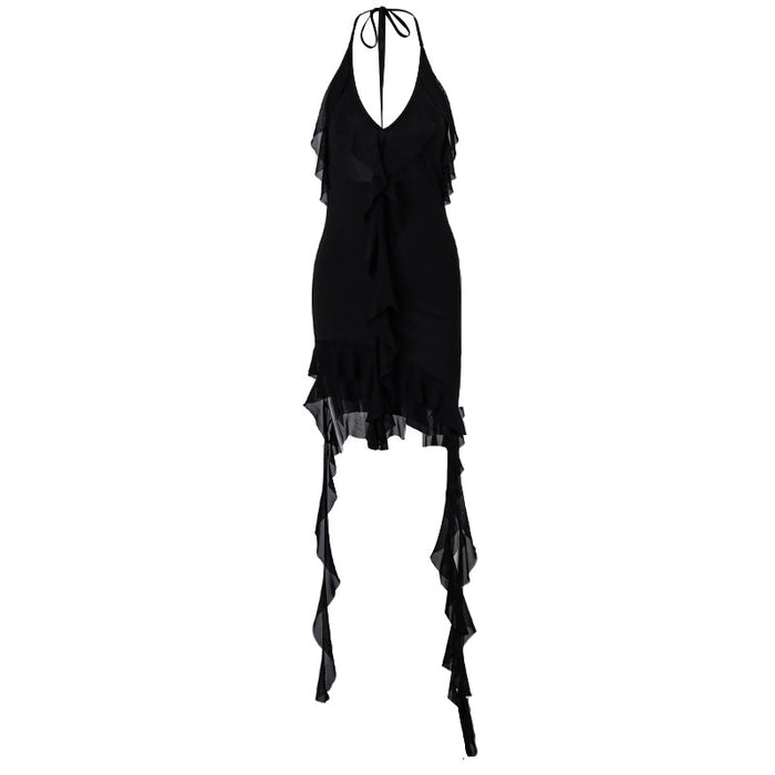 Spring Sexy Sexy Deep V Plunge Halter Ruffled Irregular Asymmetric Slim Fit Dress