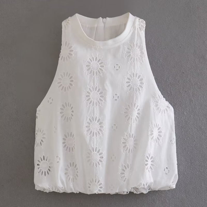 Summer Women Clothing Hollow Out Cutout Embroidered Top Skirt Set