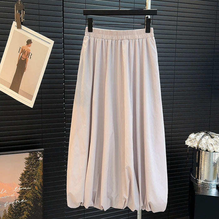 Solid Color Puffy Elastic Waist High Waist Skirt Women Summer Slimming Mid Length Pocket A line Skirt