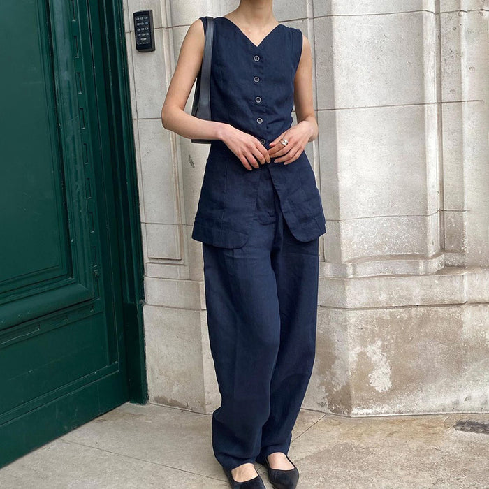 Navy Blue Sleeveless Vest Trousers Suit Summer Cinched Waist Waistcoat Slimming Two Piece Suit