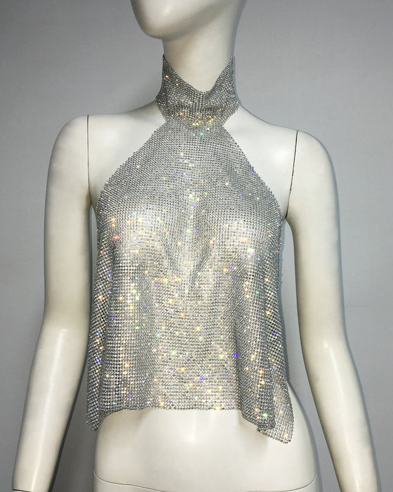 Spring Summer Metal Mesh Diamond Halter Top Sequined Vest Camisole for Women