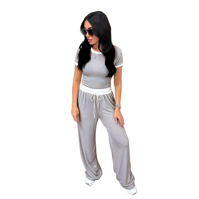 Spring Summer Round Neck Contrast Color Short-Sleeved Women Clothing Casual Wide Leg Pants Sports Suit