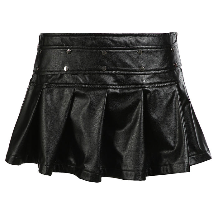 Street Locomotive Stitching Rivet Leather Miniskirt Sexy Sexy Zipper Nipped Waist Skirt Pleated Skirt