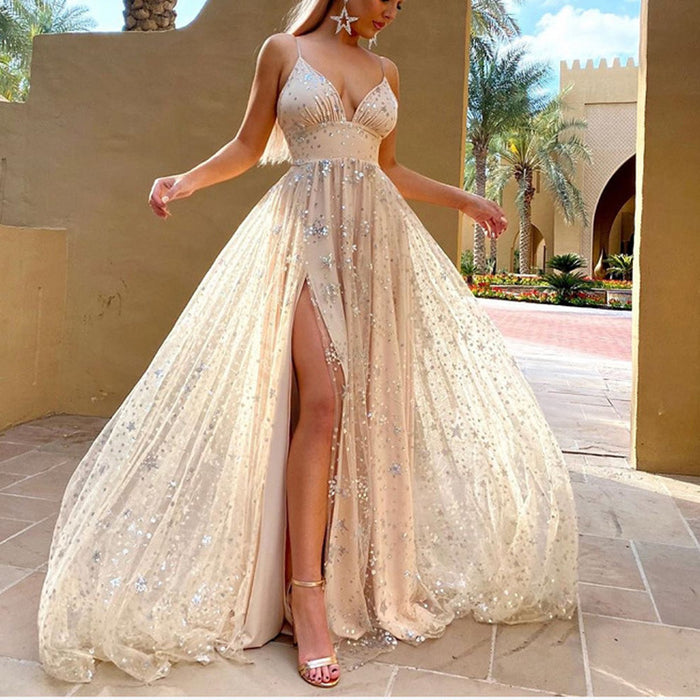 Arrival Women Dress Tight Waist Slit Shiny Crystal Mop Large Swing Dress