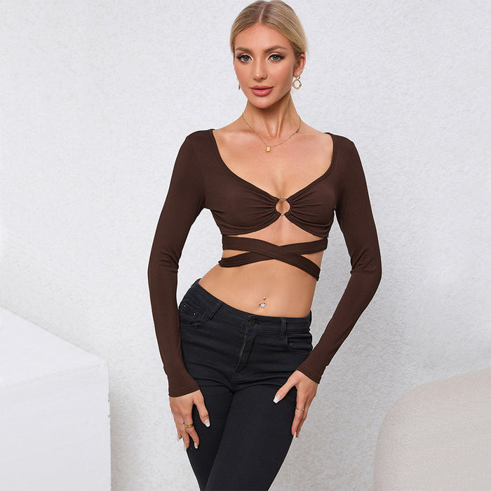 Women Clothing Autumn Winter Sexy Hollow Out Cutout out Slim Fit Ultra Short Long Sleeved Sweater Tops