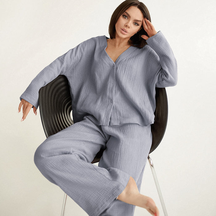 Summer Double Layer Crepe V-neck French Loose Comfortable Long Sleeve Pajamas Women Cotton Linen Homewear Set