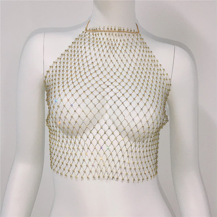 Women Clothing Grid Rhinestone Fishnet Halter Spaghetti Straps Sexy Cutout Sexy Sling Women