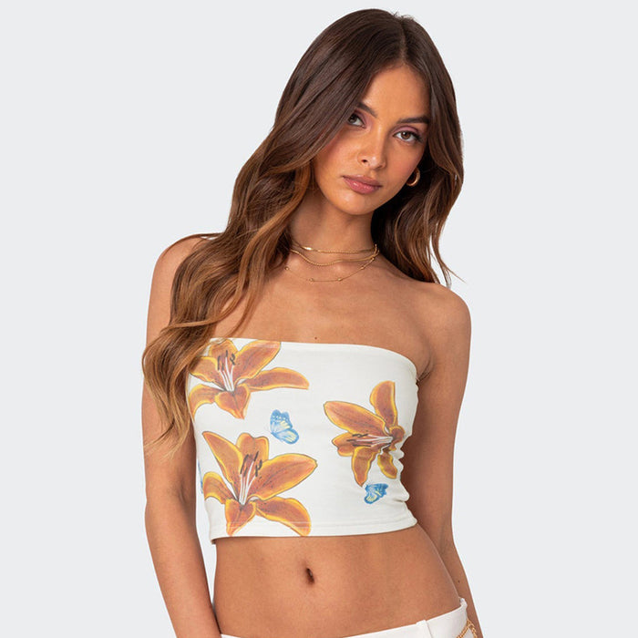 Women Clothing Summer Slim Fit Cropped Printed Tube Top