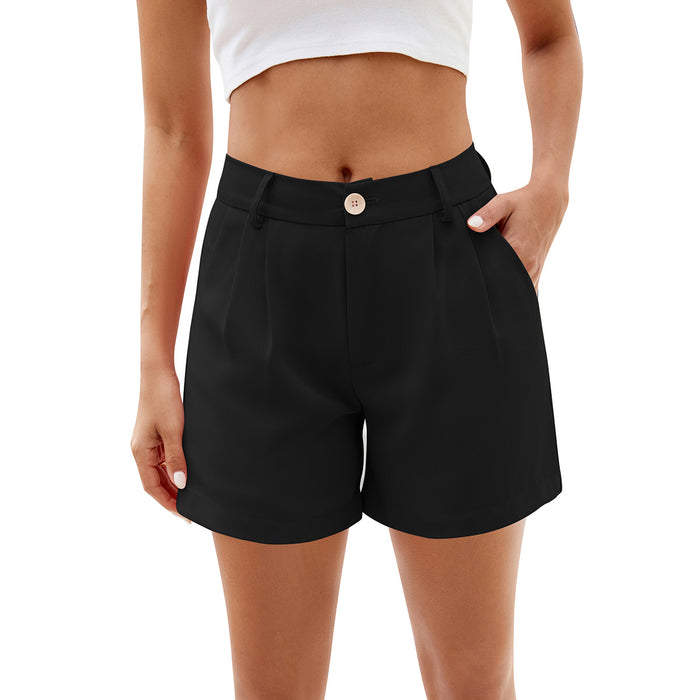 Women Shorts Summer Elastic High Waist Ruched Business Casual Work Short Belt Pockets