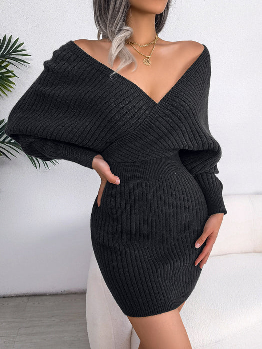 Winter Sexy Criss Cross V neck Bat Sheath Dress Woolen Women Clothing