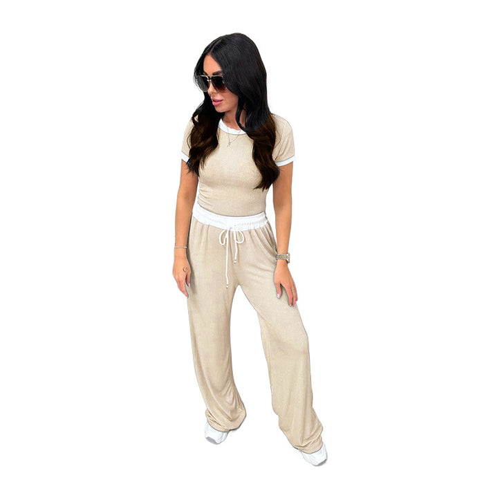 Spring Summer Round Neck Contrast Color Short-Sleeved Women Clothing Casual Wide Leg Pants Sports Suit