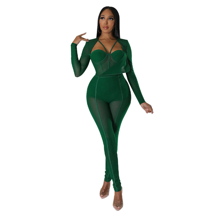 Solid Color Sexy See through Nightclub Pants V neck Tight Jumpsuit Women