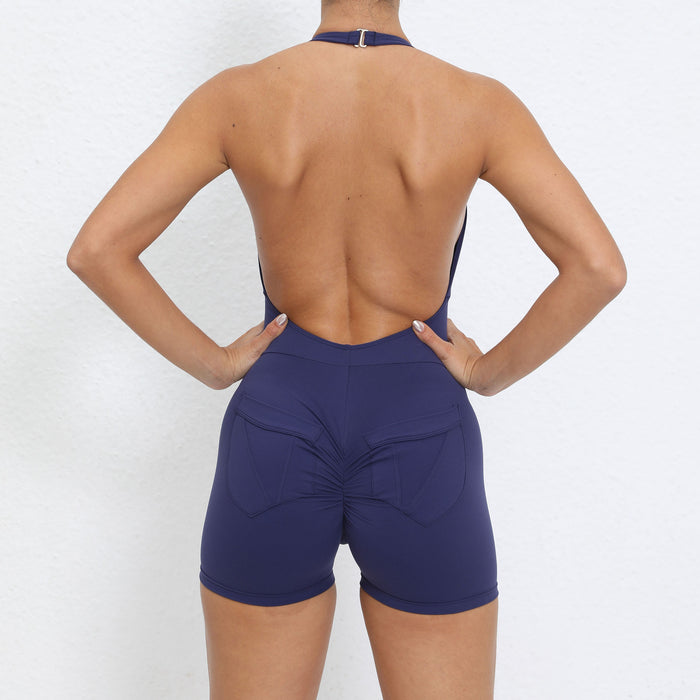 Halter Pocket Nude Feel Hip Lifting Beauty Back Yoga Jumpsuit Women Backless Fitness Sports Tight Jumpsuit