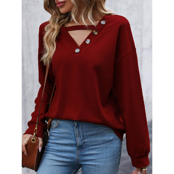 Women Autumn Long Sleeve Hollow Out Cutout out V neck Knitted Top