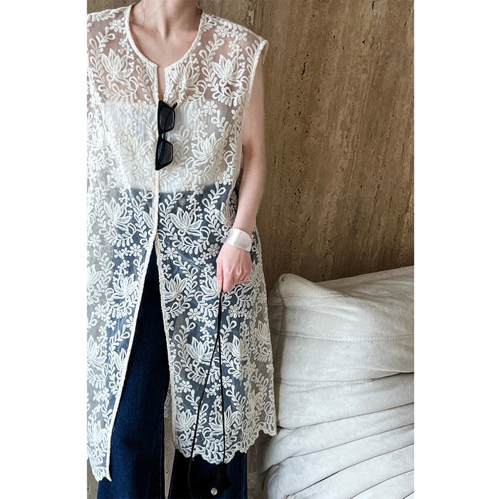 Embroidered Jacquard Cutout Blouse Vest Dress Sexy Mid Length Sleeveless Dress