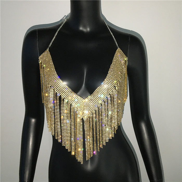 Women Clothing Metal Rhinestone Top Sexy Party Sexy Suit Rhinestone Nightclub Sexy Sling