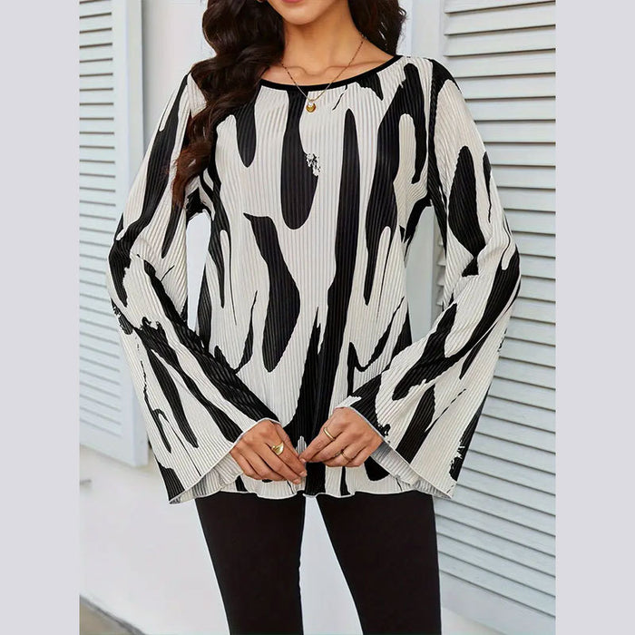 Pleated Printed Flared Sleeves Long Sleeves Top Women Loose Round Neck T shirt Women Summer