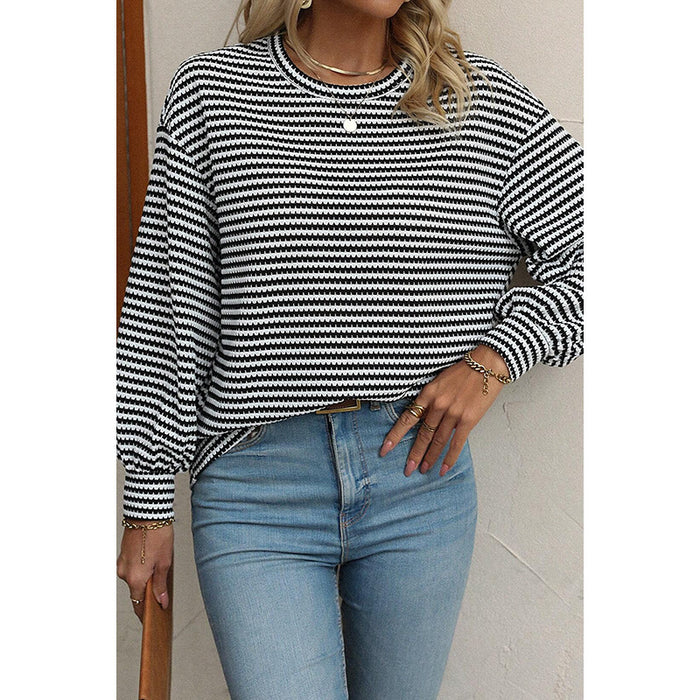 Autumn Striped Color Block Crew Neck Pullover Women Office All Matching Drop Shoulder Long Sleeve T Shirt Women