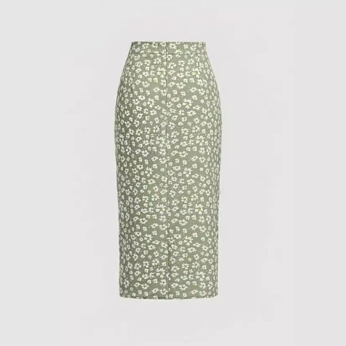 Summer High Waist Small Chrysanthemum Printed Drawstring Slit Sheath Skirt Women