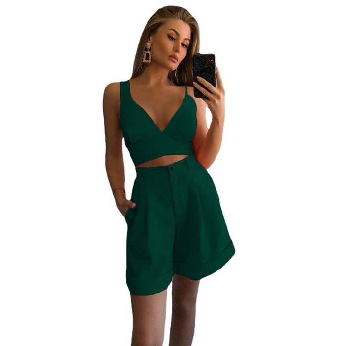 Spring Summer Women Solid Color Two Piece Tube Top High Waist Shorts Sets