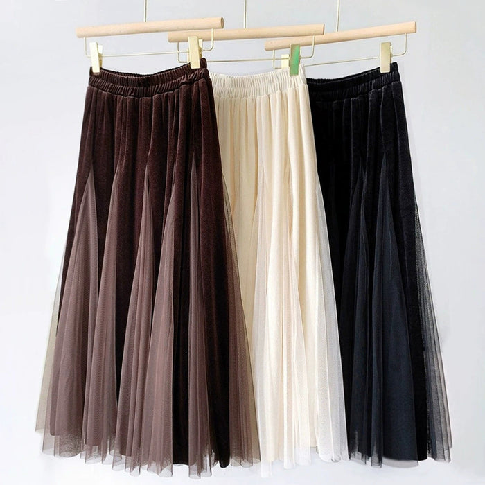 High Waist Slimming A Line Pleated Skirt Mesh Skirt Women Autumn Elastic Waist All Match Large Swing Skirt