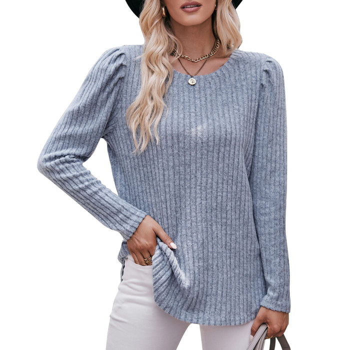 Women round-Neck Puff Sleeve Brushed Sunken Stripe Solid Color Upper Clothes Long Sleeves T-shirt