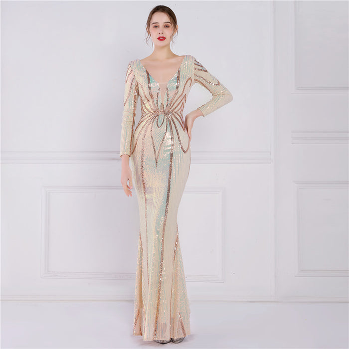 Positioning Floral Sequin Evening Dress Women Banquet Elegant Long Sleeve Sequined Queen Fishtail Dress