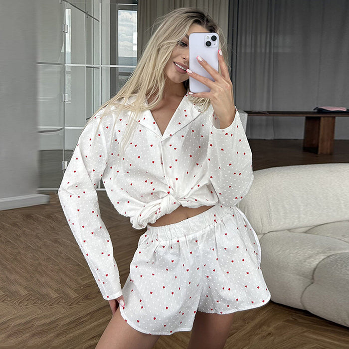 Heart Printing Pajamas Suit Autumn Winter Comfortable Loose White With Printed Pattern Long Sleeve Shorts Pajamas Two Piece Set Women