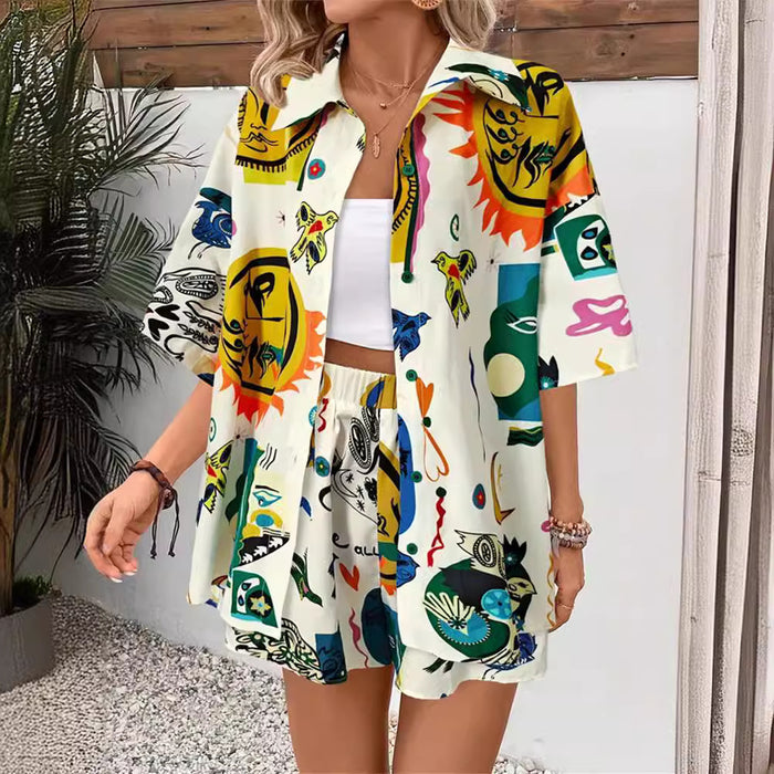 Graffiti Printing Cardigan Shirt Shorts Two Piece Set Contrast Color Casual Pants Casual Women Spring Autumn Clothing Amplified craft