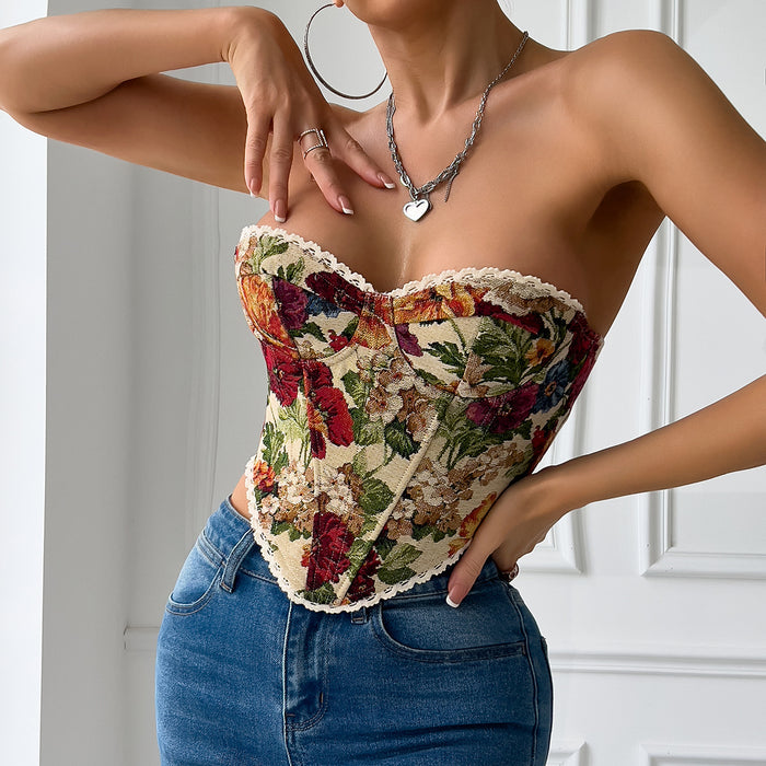 Street Retro Floral Print Corset Flounce Trim Lace Up French Minority Boning Corset Vest