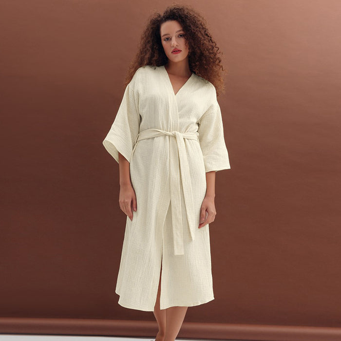 Cotton Loose Comfortable Apricot Three Quarter Sleeve Long Robe Hotel Homestay Bathrobe Autumn Winter Homewear