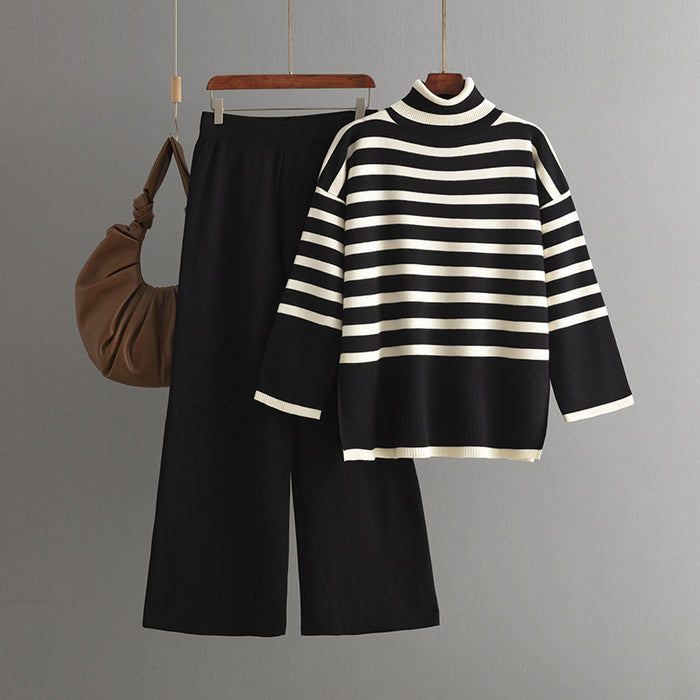 Striped Turtleneck Sweater for Women Autumn Winter Loose Design Sweater Pullover Top Two Piece Set