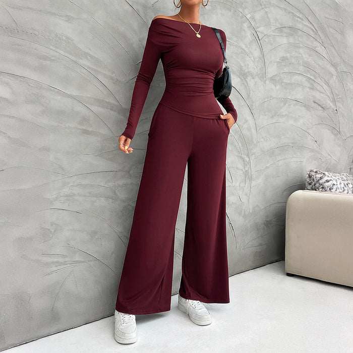 Autumn Winter Women Clothing Slim Long Sleeve Top Wide Leg Trousers Set